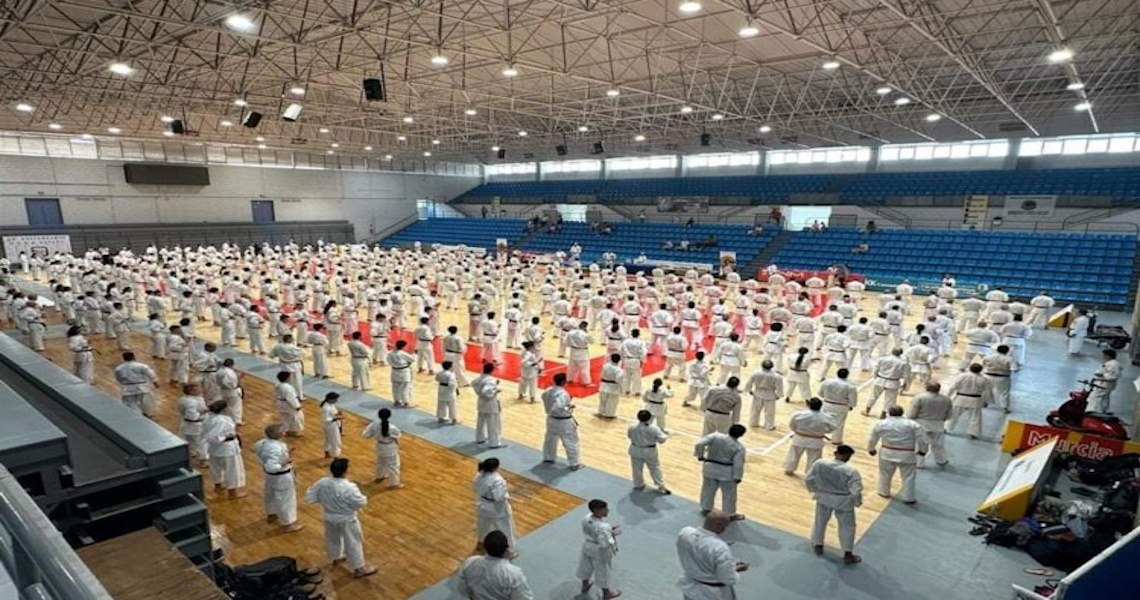 Un gruppo di ragazzi che eseguono mosse di karate dentro ad un palazzetto